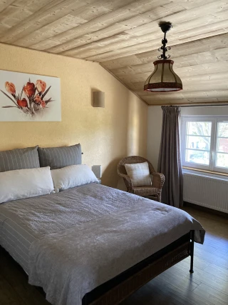 Bedroom with one 140cm-wide bed and crocus decoration in the gîte Le Benouchon