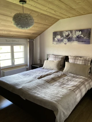 Bedroom with one 180cm-wide bed and magnolia decoration in the gîte Le Benouchon